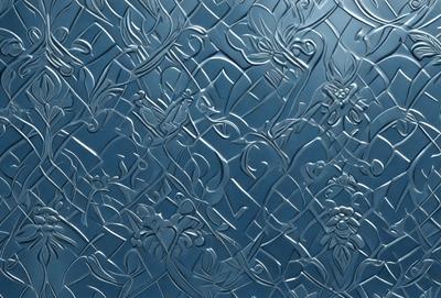 The primary subject of the image is a blue wall with a pattern of flowers and leaves. The setting is a room with a blue background. The visual style is a combination of digital art and illustration, creating a unique and artistic design. The dominant colors are blue and silver, giving the wall a sleek and modern appearance. The overall atmosphere is elegant and sophisticated.