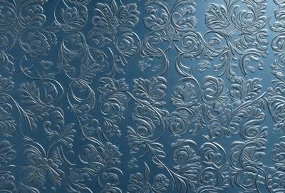 The primary subject of the image is a decorative wallpaper with a blue background. The wallpaper features a pattern of swirls and flowers, creating an elegant and sophisticated appearance. The setting is a room with a blue wall, which serves as the perfect backdrop for the wallpaper. The visual style of the image is a close-up of the wallpaper, highlighting its intricate details and patterns. The colors and mood of the image are predominantly blue, which adds a sense of calmness and tranqu