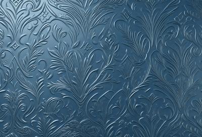 The primary subject of the image is a blue wall with a pattern of flowers and leaves. The setting is a room with a blue wall, and the visual style appears to be a combination of a photo and digital art. The dominant colors are blue and green, creating a calm and soothing atmosphere.
