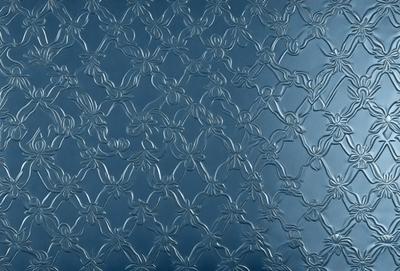 The primary subject of the image is a blue background with a pattern of interconnected metal flowers. The setting is a close-up of the blue background, showcasing the intricate design of the metal flowers. The visual style is a combination of digital art and illustration, creating a unique and eye-catching pattern. The colors and mood of the image are predominantly blue, with a touch of silver, giving it a calm and serene atmosphere.