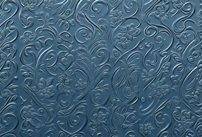 The primary subject of the image is a blue wall with a decorative design. The setting is a room with a blue wall, and the visual style appears to be a combination of a photo and digital art. The colors and mood of the image are predominantly blue, creating a calm and serene atmosphere.