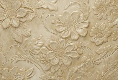 The primary subject of the image is a wall with a decorative design featuring flowers. The setting is a room with a white wall, and the visual style appears to be a combination of photo and digital art. The colors and mood of the image are predominantly white, giving it a clean and elegant appearance.