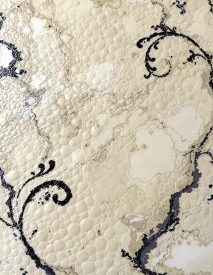 The primary subject of the image is a decorative design on a marble surface. The setting is a marble countertop, and the visual style is a combination of photo and digital art. The colors and mood of the image are predominantly black and white, giving it a classic and elegant appearance.