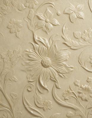 The primary subject of the image is a white flower design on a wall. The setting is a wall with a patterned design, and the visual style appears to be a combination of photo and digital art. The dominant colors are white and beige, creating a clean and elegant atmosphere.