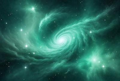 The primary subject of the image is a spiral galaxy, which is a swirling mass of stars and gas. The galaxy is surrounded by a vibrant green background, giving it a lively and dynamic appearance. The visual style of the image is a combination of photo and digital art, creating a unique and captivating representation of the spiral galaxy. The colors and mood of the image are predominantly green, which adds to the overall atmosphere of the scene.