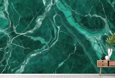 The primary subject of the image is a large, green marble wall. The setting is a room with a white floor, and the visual style is a close-up of the marble wall. The colors and mood of the image are predominantly green, with a natural and elegant atmosphere.