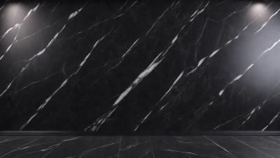 The primary subject of the image is a black and white marble wall with a pattern of white stripes. The setting is a room with a black floor, and the visual style is a photo. The dominant colors are black and white, creating a classic and elegant atmosphere.