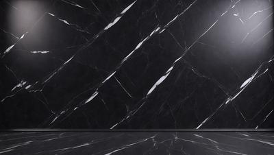 The primary subject of the image is a black marble wall with a white stripe. The setting is a room with a black and white marble floor. The visual style is a close-up of the marble wall, showcasing its texture and design. The colors and mood of the image are predominantly black and white, giving it a sleek and modern appearance.