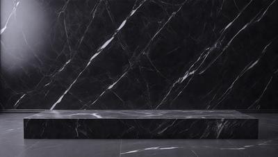 The primary subject of the image is a marble countertop. The setting is a room with a black marble wall, which adds a luxurious and elegant touch to the space. The visual style is a close-up of the marble countertop, showcasing its texture and beauty. The colors and mood of the image are predominantly black and white, giving it a sophisticated and timeless appearance.