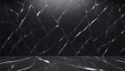 The primary subject of the image is a black marble wall with a pattern of white lines. The setting is a room with a black marble floor. The visual style is a close-up of the marble wall, showcasing its unique texture and design. The colors and mood of the image are predominantly black and white, giving it a sleek and modern appearance.