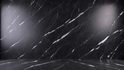 The primary subject of the image is a marble wall with a black background. The setting is a room with a black wall, and the visual style is a photo. The dominant colors are black and white, creating a moody atmosphere.