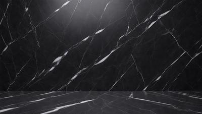 The primary subject of the image is a marble wall with a black background. The setting is a room with a black marble floor. The visual style is a photo of a marble wall, showcasing the intricate patterns and textures of the marble. The colors and mood of the image are predominantly black and white, giving it a sophisticated and elegant appearance.