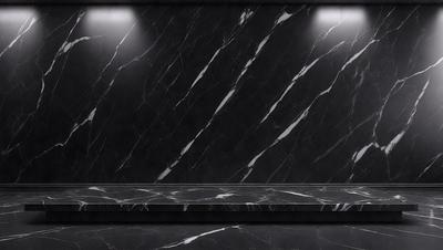 The primary subject of the image is a marble countertop with a black background. The setting is a kitchen, and the visual style is a photo. The countertop is the main focus of the image, and the overall atmosphere is elegant and sophisticated.