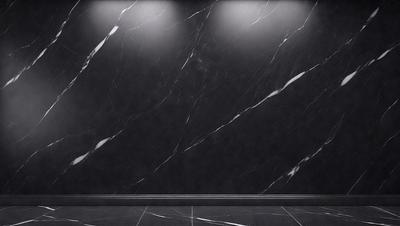 The primary subject of the image is a marble wall with a black background. The setting is a room with a black marble floor. The visual style is a photo of a marble wall, showcasing the natural texture and patterns of the material. The colors and mood of the image are predominantly black and white, giving it a sleek and modern appearance.