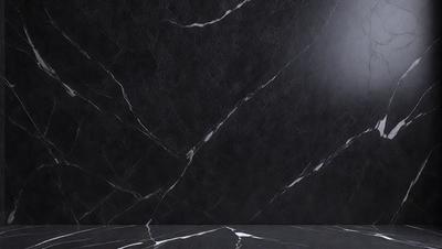 The primary subject of the image is a black marble wall. The setting is a room with a black marble wall as the main focus. The visual style is a photo, and the colors and mood are dark and moody.