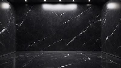 The primary subject of the image is a black marble wall with a patterned design. The setting is a room with a black floor, and the visual style appears to be a photo. The colors and mood of the image are dark and moody, with the black marble wall and floor creating a dramatic and sophisticated atmosphere.