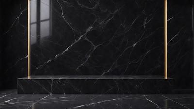 The primary subject of the image is a marble wall with a black background. The setting is a bathroom, and the visual style is a photo. The colors and mood of the image are dark and moody, with the marble wall and black background creating a dramatic and sophisticated atmosphere.