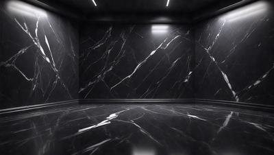 The primary subject of the image is a black marble wall with a patterned design. The setting is a room with a black floor, and the visual style appears to be a photo. The dominant colors are black and white, creating a sleek and modern atmosphere.
