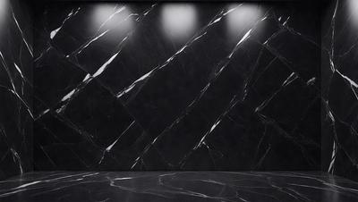 The primary subject of the image is a black marble wall with a patterned design. The setting is a room with a black background, and the visual style appears to be a photo. The dominant colors are black and white, creating a sleek and modern atmosphere.