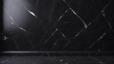 The primary subject of the image is a black marble wall with a pattern of white squares. The setting is a room with a black marble floor. The visual style is a photo, and the dominant colors are black and white. The overall atmosphere is elegant and sophisticated.