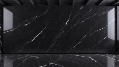 The primary subject of the image is a marble wall with a black background. The setting is a room with a black countertop. The visual style is a close-up of the marble wall, showcasing its texture and pattern. The colors and mood of the image are predominantly black, giving it a sleek and modern appearance.
