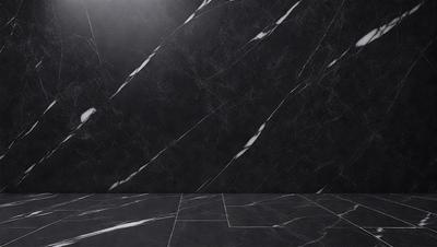 The primary subject of the image is a black marble wall. The setting is a room with a black marble floor. The visual style is a photo, and the colors and mood are dark and moody.