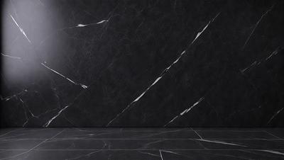 The primary subject of the image is a black marble wall. The setting is a room with a black marble floor. The visual style is a photo, and the colors and mood are dark and moody.