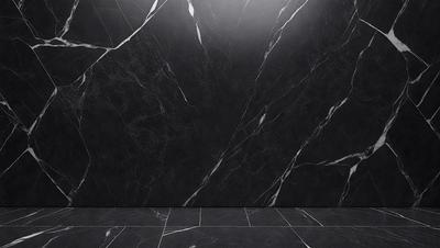 The primary subject of the image is a black marble wall. The setting is a room with a black marble floor. The visual style is a photo, and the colors and mood are dark and moody.