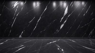 The primary subject of the image is a black marble wall with a white marble border. The setting is a room with a black marble floor. The visual style is a photo of the marble wall and floor. The colors and mood are predominantly black and white, giving the scene a modern and elegant appearance.