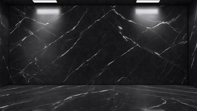 The primary subject of the image is a black marble wall. The setting is a room with a black marble wall, and the visual style is a photo. The dominant colors are black and white, creating a sleek and modern atmosphere.