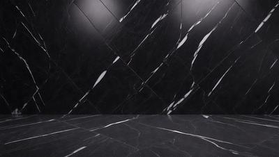 The primary subject of the image is a black and white marble wall. The setting is a room with a black and white marble floor. The visual style is a photo, and the colors and mood are predominantly black and white, giving the scene a classic and elegant appearance.