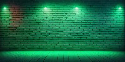 The primary subject of the image is a green brick wall. The setting is a brick wall with a green glow, possibly from a light source. The visual style is a photo, and the colors and mood are predominantly green, creating a unique and interesting atmosphere.