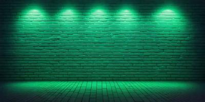 The primary subject of the image is a green brick wall. The setting is a dark room with a green glow, creating a moody atmosphere. The visual style is a photo, and the colors and mood are predominantly green, with a hint of blue.
