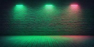 The primary subject of the image is a brick wall with a green glow. The setting is a brick wall, and the visual style is a photo. The dominant colors are green and red, creating a vibrant and lively atmosphere.