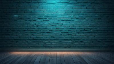 The primary subject of the image is a blue brick wall. The setting is a room with a wooden floor. The visual style is a photo, and the dominant colors are blue and white. The overall atmosphere is calm and serene.