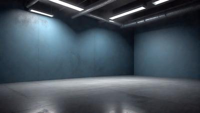 The primary subject of the image is a large, empty room with a blue wall. The room appears to be a warehouse or a storage area, as it is empty and has a concrete floor. The setting is a dark room with a blue wall, which gives it a somewhat eerie atmosphere. The visual style of the image is a black and white photo, which adds to the overall mood of the scene.