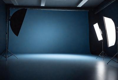 The primary subject of the image is a large blue screen, which is likely used for filming or photography. The setting is a dark room with a blue background, which creates a moody atmosphere. The visual style appears to be a photo, as the screen is captured in detail. The dominant colors are blue and black, with the blue screen being the most prominent feature in the image.