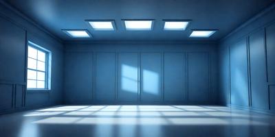 The primary subject of the image is a large, empty room with a blue color scheme. The room features a row of doors, and the lighting creates a moody atmosphere. The setting is a large, open space with a blue color scheme, and the visual style appears to be a digital art or illustration. The colors and mood of the image are predominantly blue, creating a calm and serene environment.