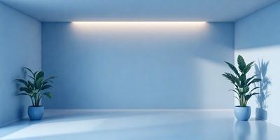 The primary subject of the image is a white wall with a blue background. The setting is a room with a large, empty space. The visual style is a photo, and the colors and mood are predominantly white and blue, creating a clean and minimalist atmosphere.