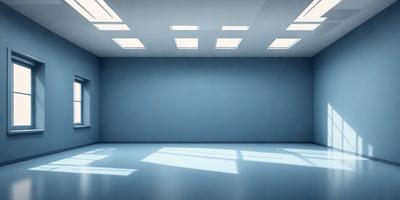 The primary subject of the image is a large, empty room with a blue wall. The room appears to be a large, open space with no furniture or decorations. The setting is a white room with a blue wall, and the visual style is a photo. The colors and mood of the image are predominantly blue, creating a calm and serene atmosphere.