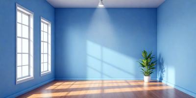 The primary subject of the image is a large, empty room with a blue wall. The setting is a brightly lit room with a window, and the visual style is a digital art or illustration. The colors and mood of the room are predominantly blue, creating a calm and serene atmosphere.