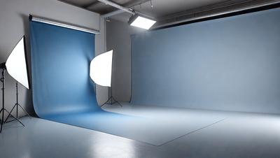 The primary subject of the image is a large blue screen, which is likely used for filming or photography. The setting is a studio, with a white background visible behind the screen. The visual style appears to be a photo, as the screen is captured in detail. The colors and mood of the image are predominantly blue, creating a calm and professional atmosphere.