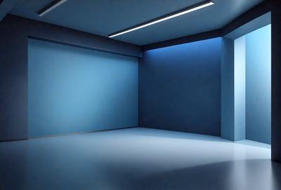 The primary subject of the image is a large, empty room with a blue wall. The setting is a room with a blue wall, and the visual style is a photo. The colors and mood of the image are predominantly blue, creating a calm and serene atmosphere.