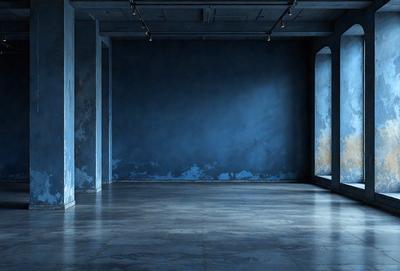 The primary subject of the image is a large, empty room with a blue wall. The setting is a room with a blue wall, and the visual style is a photo. The room appears to be a large, empty space with a blue wall, and the overall atmosphere is calm and serene.