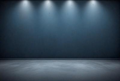 The primary subject of the image is a large, empty stage with a blue background. The stage is illuminated by bright lights, creating a dramatic and theatrical atmosphere. The setting is a black stage with a blue background, which adds a sense of depth and contrast to the scene. The visual style of the image is a combination of photography and digital art, as the stage appears to be a real location, but the blue background and bright lights suggest that it has been digitally manipulated or enhanced. The colors and m