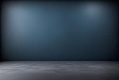 The primary subject of the image is a large, empty room with a blue wall. The setting is a dark room with a blue wall, and the visual style is a photo. The colors and mood of the image are predominantly dark and moody, with the blue wall providing a contrasting element.