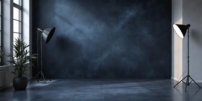 The primary subject of the image is a large, dark blue wall. The setting is a dark room, and the visual style appears to be a photo. The dominant colors are dark blue and black, creating a moody atmosphere.