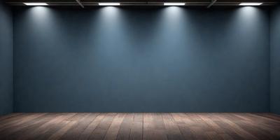 The primary subject of the image is a large, empty, and dark blue wall. The setting is a room with a wooden floor, and the visual style is a photo. The dominant colors are blue and black, creating a moody atmosphere.