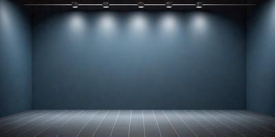 The primary subject of the image is a large, empty stage with a blue curtain. The stage is illuminated by lights, creating a dramatic and theatrical atmosphere. The setting is a black stage with a blue curtain, and the visual style is a photo. The colors and mood of the image are predominantly blue, creating a calm and serene ambiance.