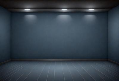 The primary subject of the image is a large, empty room with a blue wall. The setting is a dark room with a blue wall, and the visual style is a black and white photo. The colors and mood of the image are predominantly dark and moody, with the blue wall serving as a focal point.